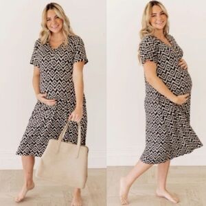 Dwell & Slumber Darla Midi Dress Black & Cream Ikat Print Size M / L (8 - 14)